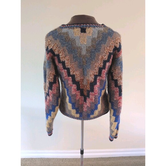 Hand Knit Sweater Crazy Quilt Intarsia Artsy Chevron Size Med Kilim Geometric - Picture 3 of 8